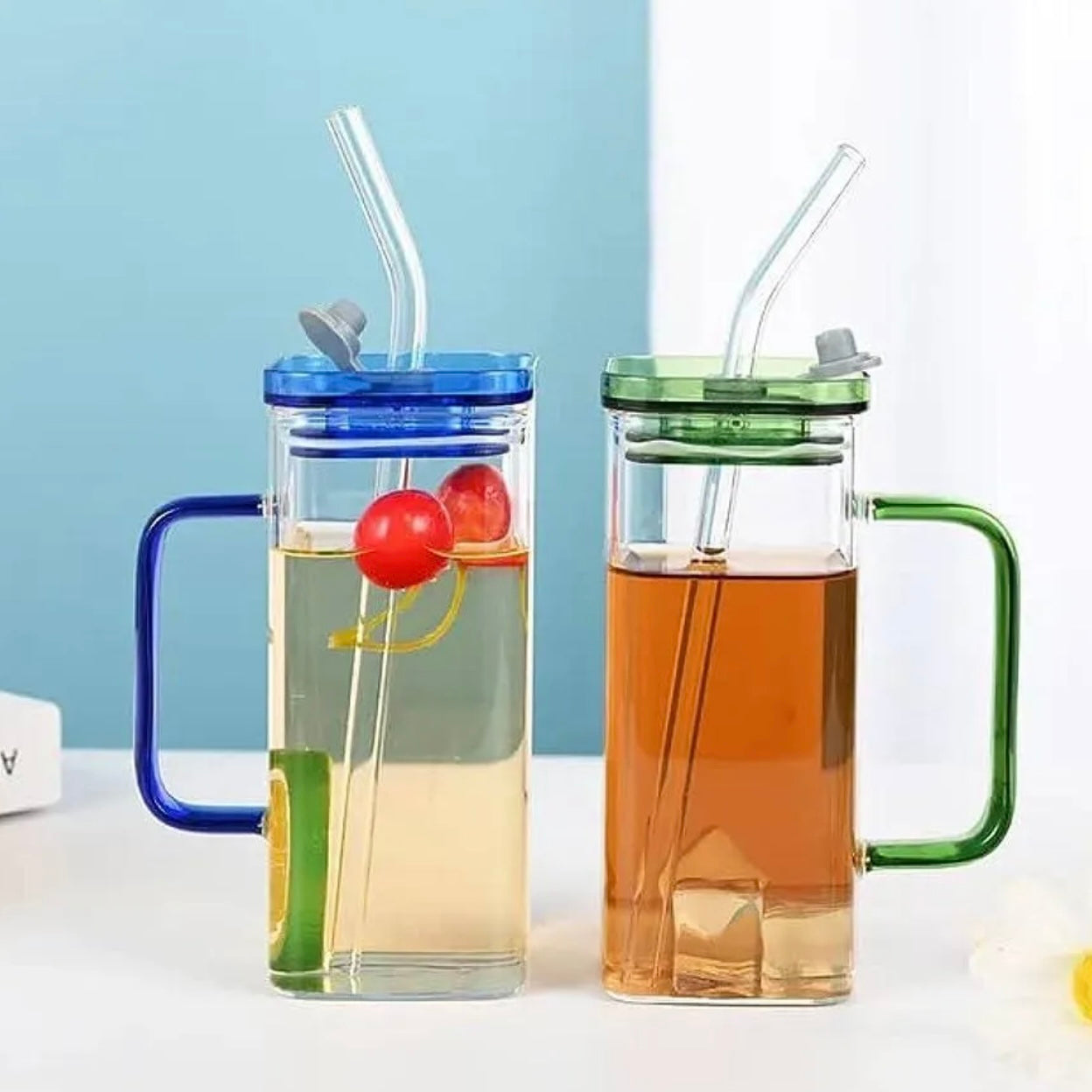Transparent Square Tumbler Drinking Glass with Glass Straw and Colourful Handle | 2pcs Set