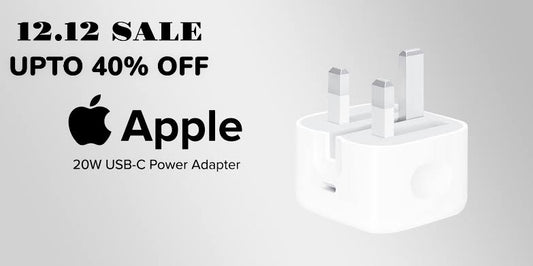 An Apple 20W USB-C Power Adapter with a white color scheme, displaying the Apple logo and the text '12.1 Sale Up to 4% Off'.