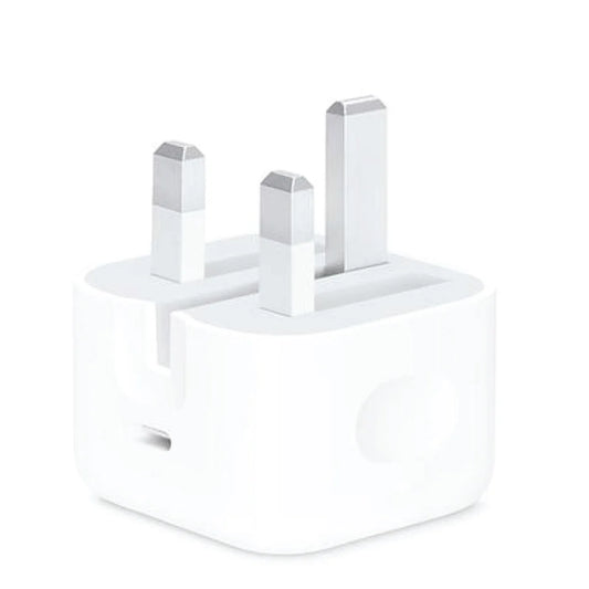 A white Apple 20W USB-C power adapter with a 3-pin plug design.