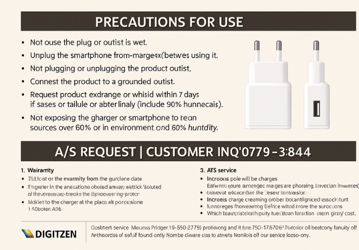 Precautions for use with a smartphone charger and contact information on a white background