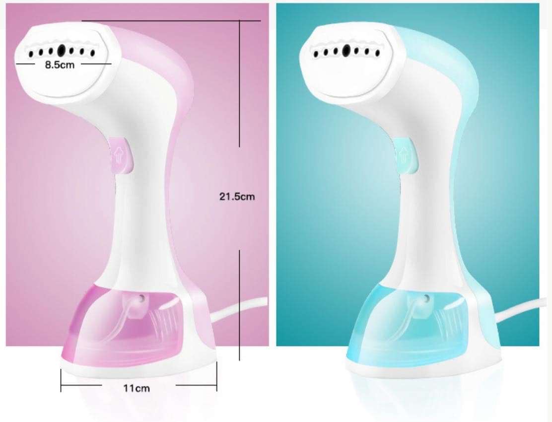 Handheld steamer with measurements on a pink and blue background