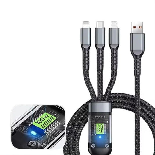100W 3 in 1 Fast Charging Cable - USB to Type-C, Micro & Lightning Cable