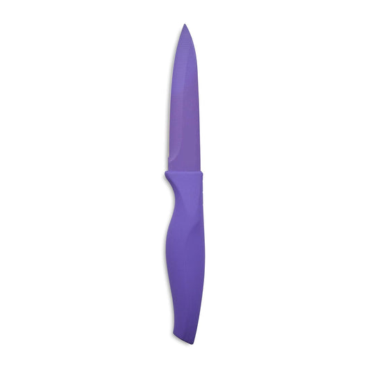 Purple kitchen knife with a visible brand name on a white background