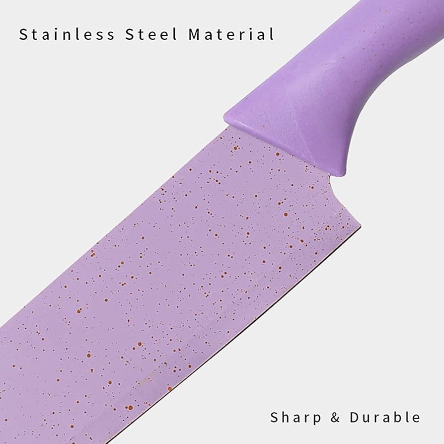 Purple knife with speckled blade on a light gray background