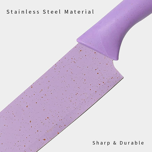 Purple knife with speckled blade on a light gray background