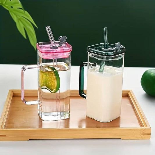Transparent Square Tumbler Drinking Glass with Glass Straw and Colourful Handle | 2pcs Set