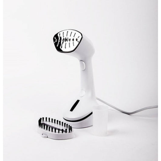 White hair dryer with black nozzle on a white background