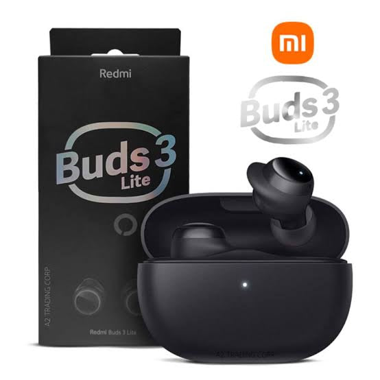 Xiaomi Redmi Buds 3 Lite TWS Bluetooth 5.2 Earphone Headset in black color displayed alongside its packaging box with branding elements visible.