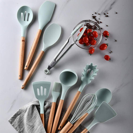 12Pcs Silicone Kitchen Utensil Set Heat Resistant Non-Stick Cooking Utensils with Wooden Handles for Commercial Restaurant and Home