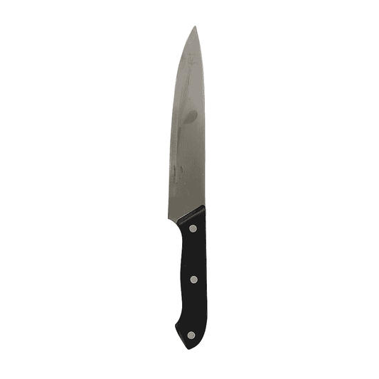 Chef's knife with a black handle on a white background