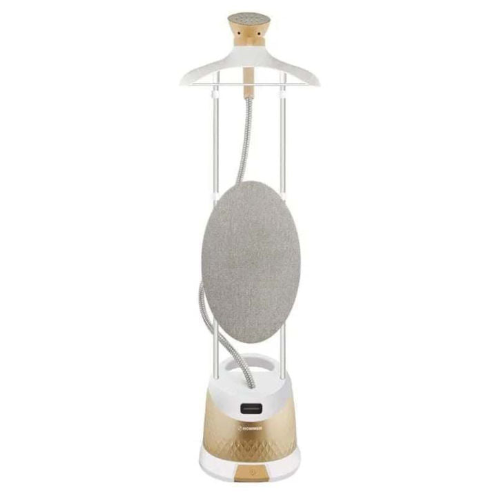 Hanging iron with gray ironing board cover on a white background