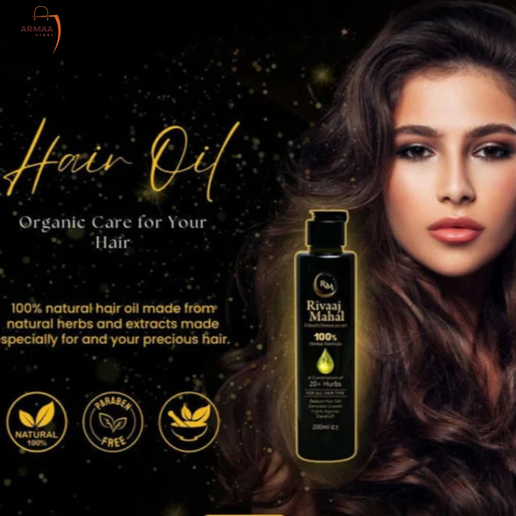 Advertisement for Rivaj Mahal hair oil with a woman and product bottle on a dark background - armaa store