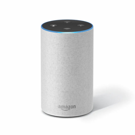 Amazon Echo 2nd Generation smart speaker with a blue LED light at the top, gray in color, with the brand name 'Amazon' visible on the speaker.