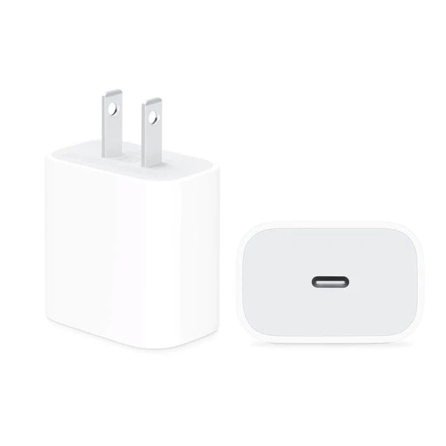 White power adapter and USB-C charging cable on a white background