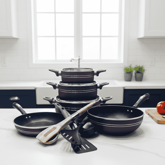 Set of purple cookware on a kitchen counter with a window in the background