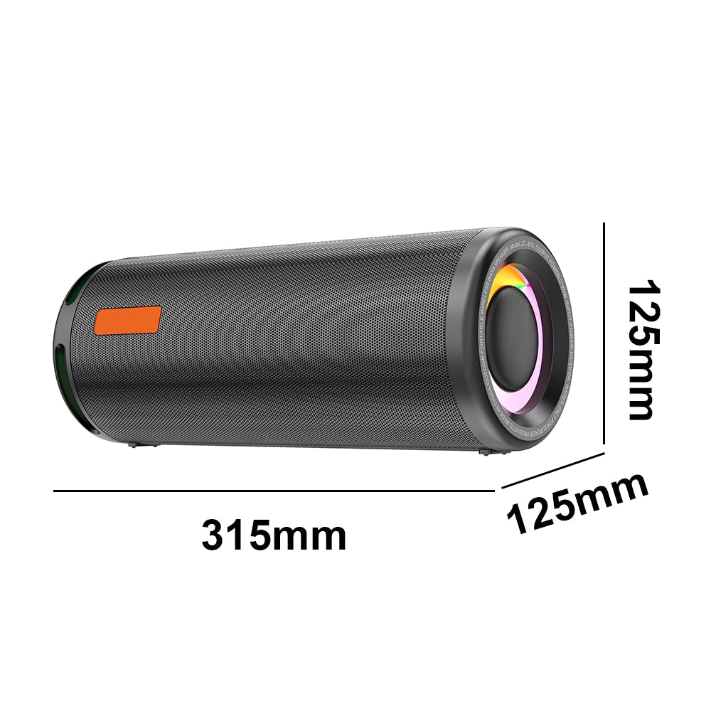 Black cylindrical speaker with dimensions labeled on a white background