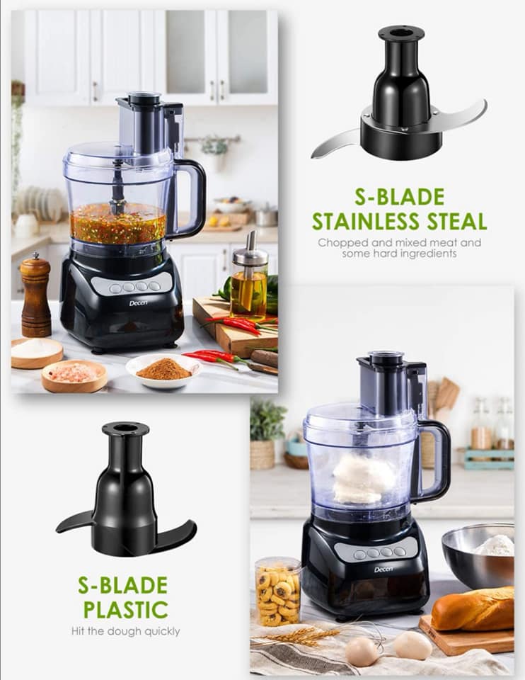 Black food processor with attachments on a kitchen counter, showing different blade types.