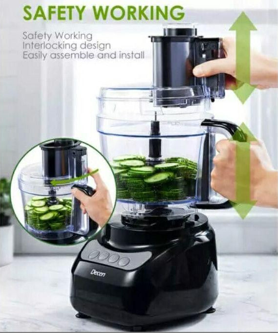 Black food processor with safety features and assembly instructions on a white background