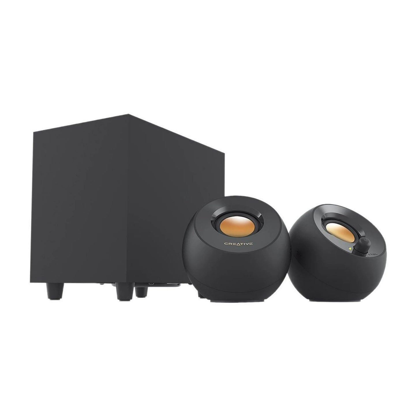 Black speaker system with two speakers and a subwoofer on a white background