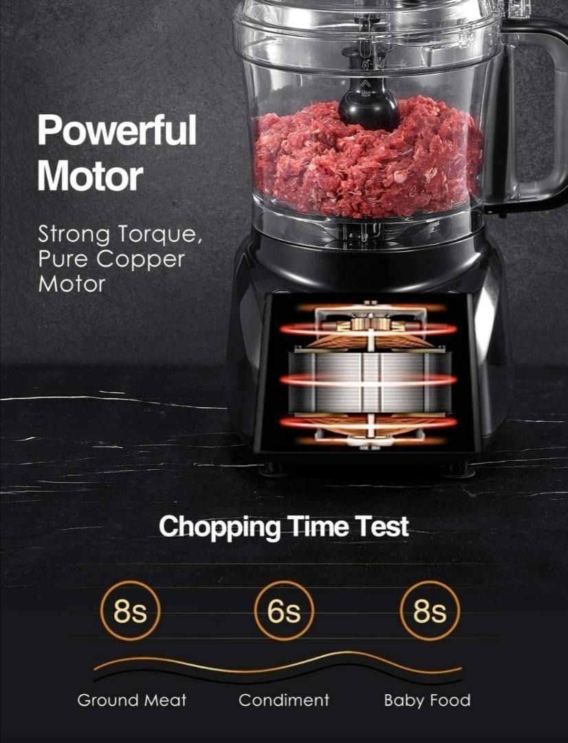 Blender with ground meat inside, showcasing powerful motor with text and time test on a dark background