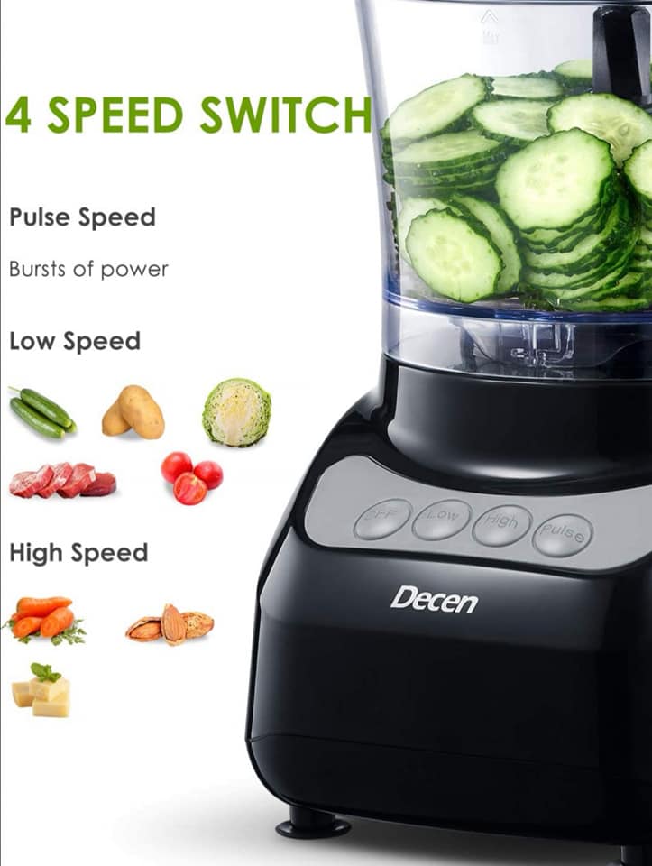 Blender with sliced cucumbers and speed settings labeled on a white background