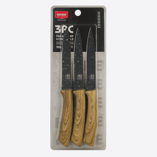 Set of three knives with wooden handles in packaging on a white background