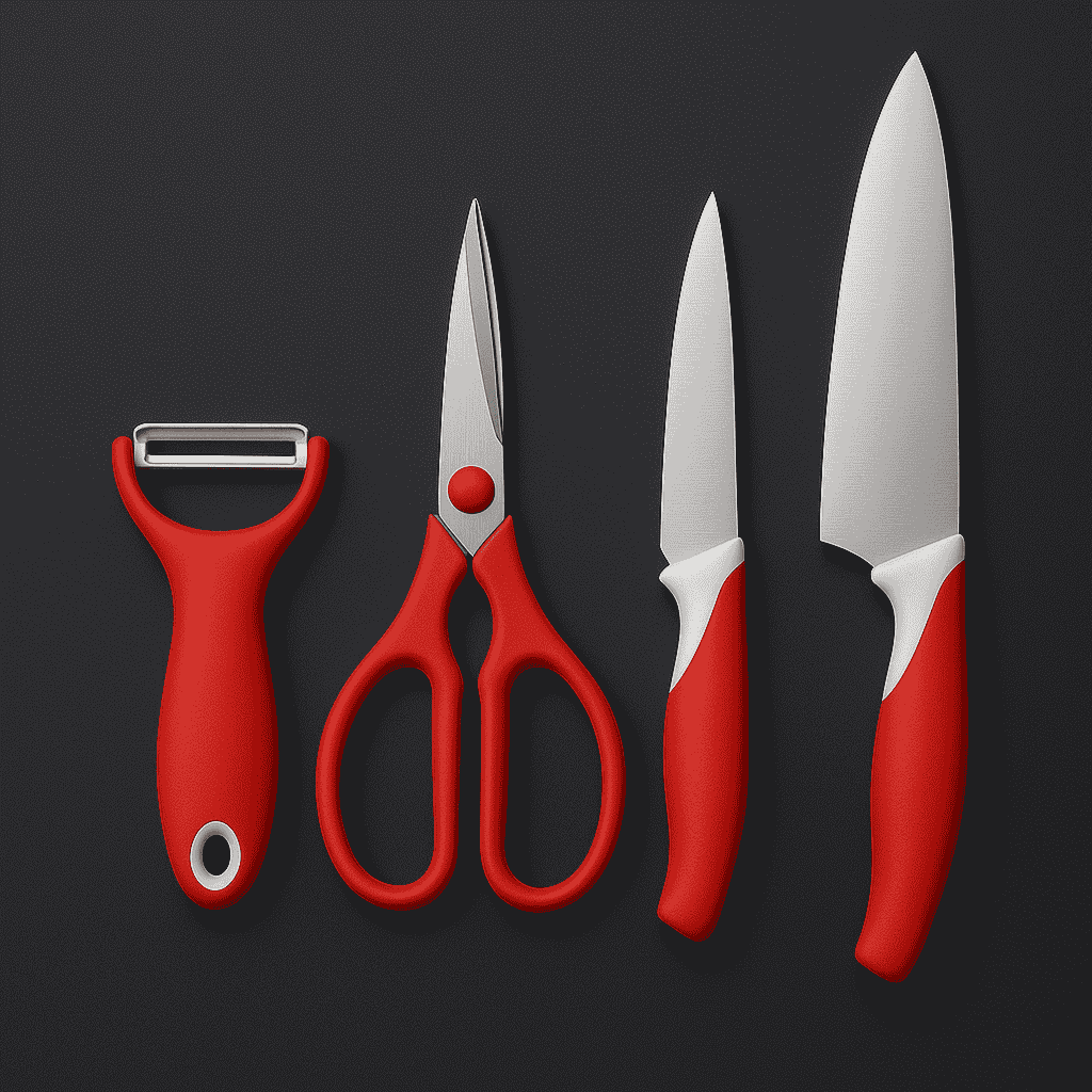 Set of red kitchen tools including a peeler, scissors, and two knives on a black background