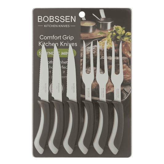Packaging of BOBSSSEN kitchen knives with product images on a white background
