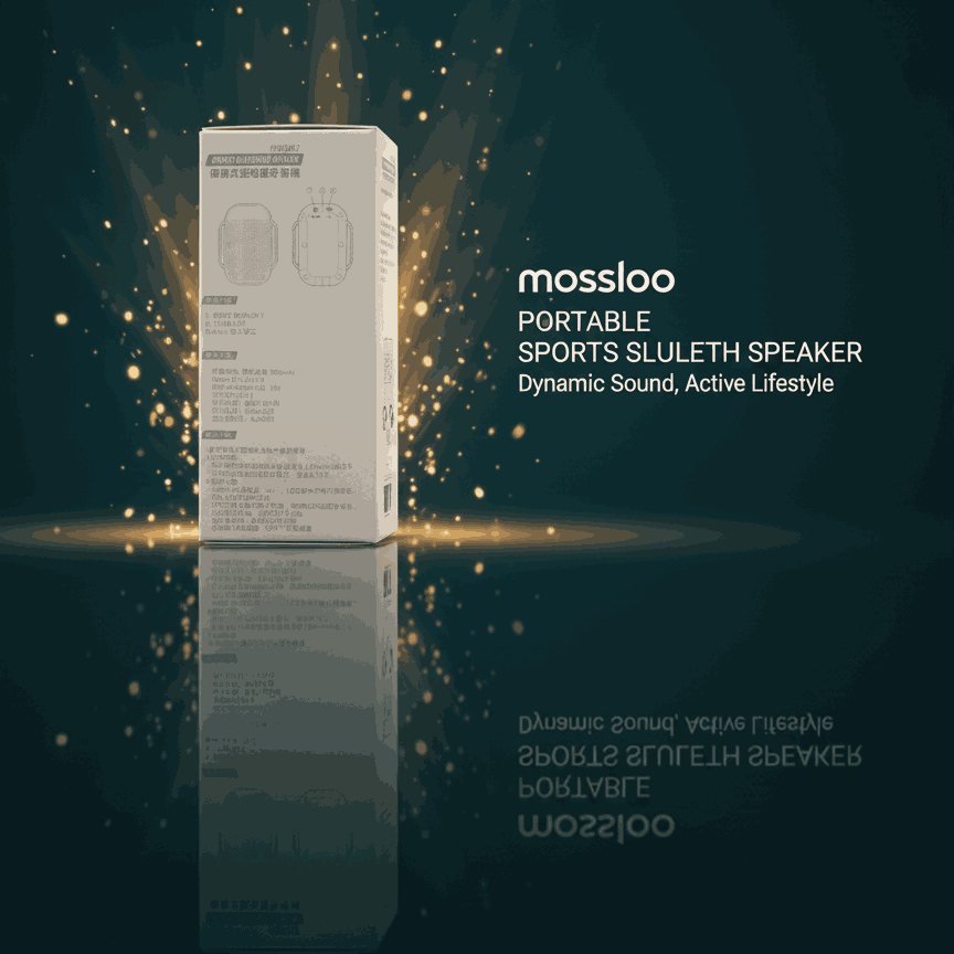 Box of mossloo portable sports slueth speaker on a dark background with glowing effects