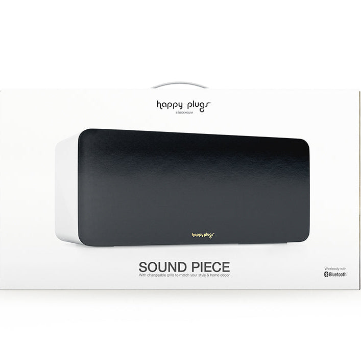 The product image shows the packaging of Happy Plugs Sound Piece, a black wireless speaker with a minimalist design.