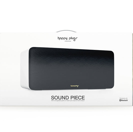 The product image shows the packaging of Happy Plugs Sound Piece, a black wireless speaker with a minimalist design.