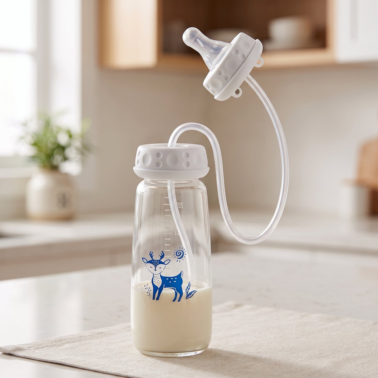 Hands-Free Baby Feeding Bottle 240ml – BPA-Free Anti-Colic Baby Feeder with Silicone Straw for Newborns & Infants