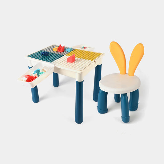 Children's building block table with colorful surface and a chair with bunny ears
