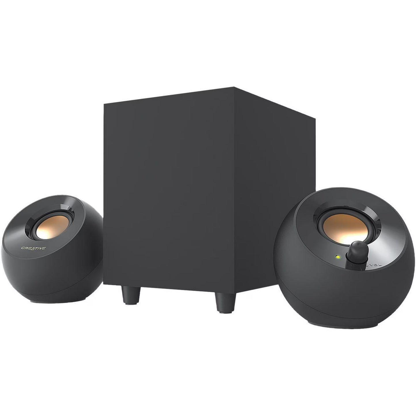 Black speaker system with two spherical speakers and a central subwoofer on a white background