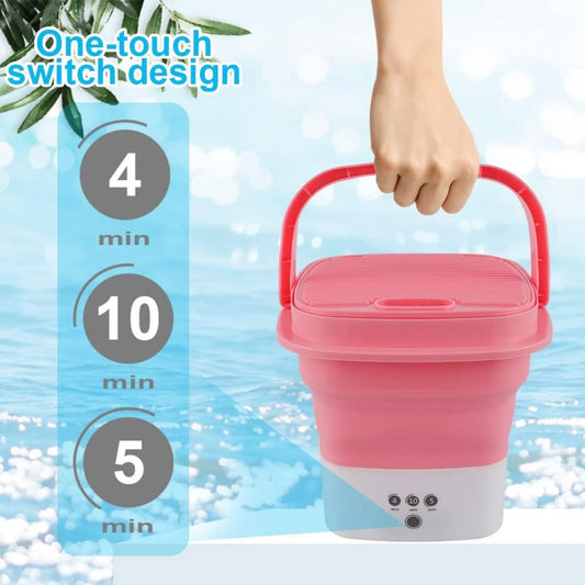 A compact and portable washing machine in red color with a drain basket, showcasing its one-touch switch design and various cycle times.