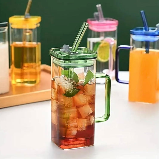 Transparent Square Tumbler Drinking Glass with Glass Straw and Colourful Handle | 2pcs Set