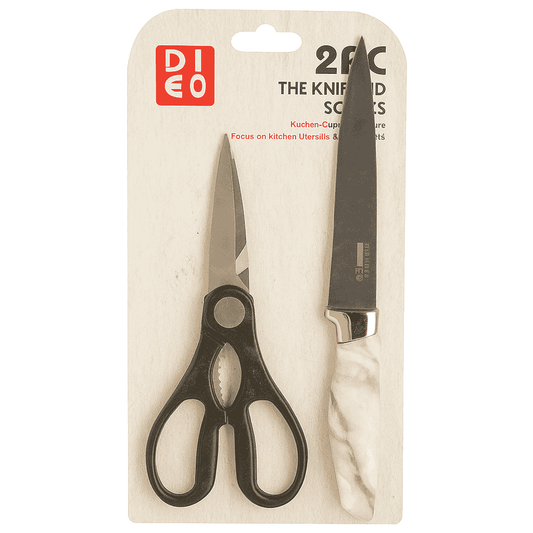 Packaged set of scissors and knife with DIEO branding on a beige background