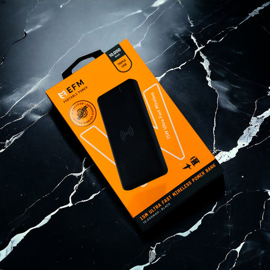 EFM brand portable wireless power bank with a capacity of 10000mAh, featuring triple USB ports, displayed on a marble surface with a reflective background.