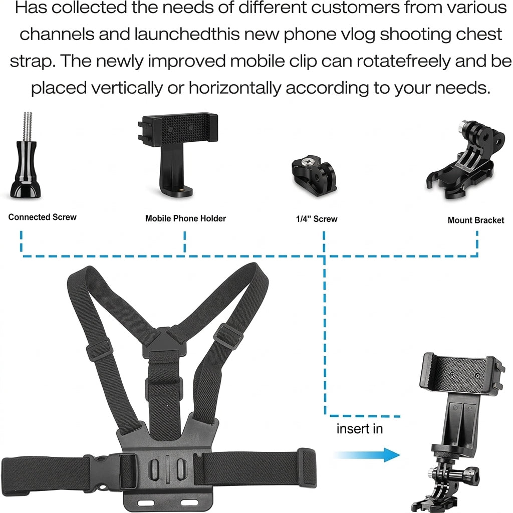Adjustable Chest Mount Phone & Action Camera Holder – 360° Rotatable Hands-Free Strap