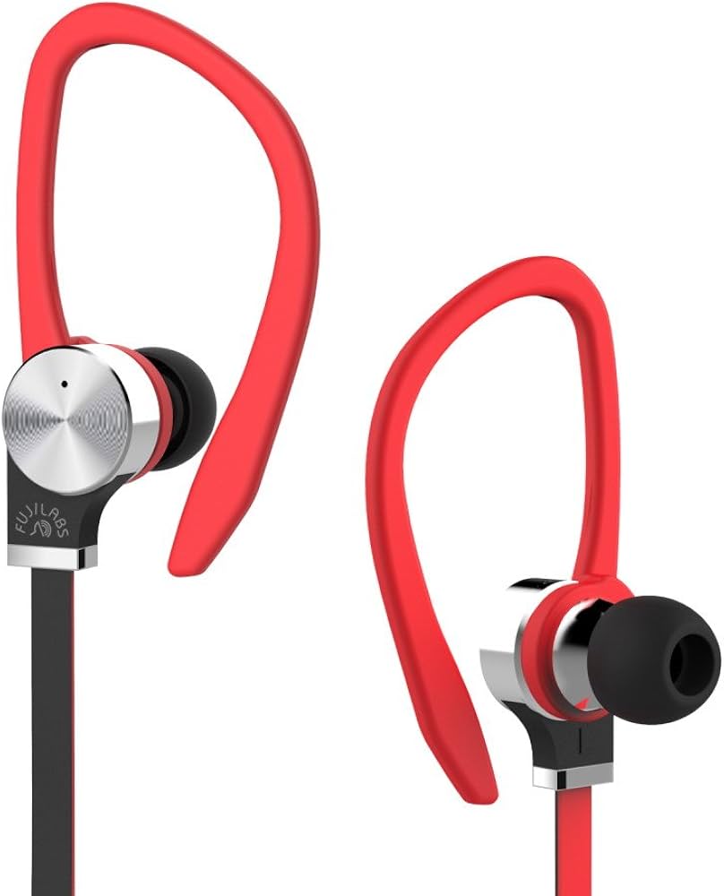 A pair of FujiLabs Sonique SQ306 Premium Titanium in-ear headphones with a red and black color scheme, including a built-in microphone.