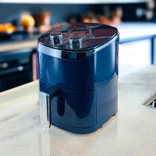 A blue air fryer with a digital display and a non-stick frying basket visible, placed on a kitchen countertop.