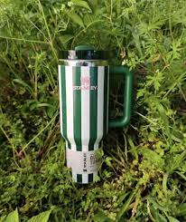 Green and white striped mug with handle on a grassy background
