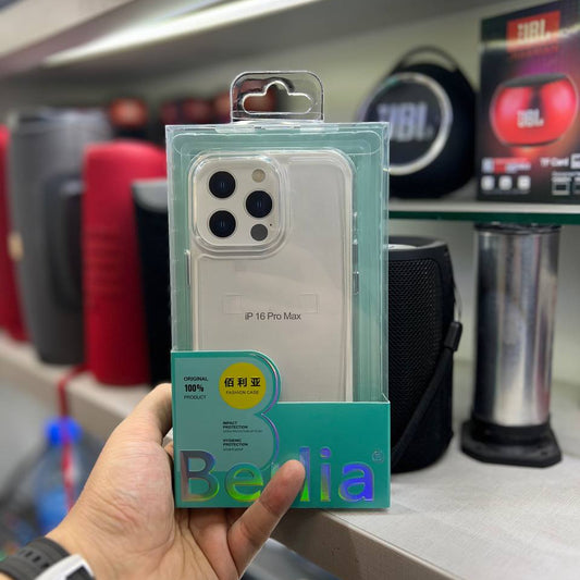 Hand holding a phone case packaging with 'Bella' brand name in a store setting