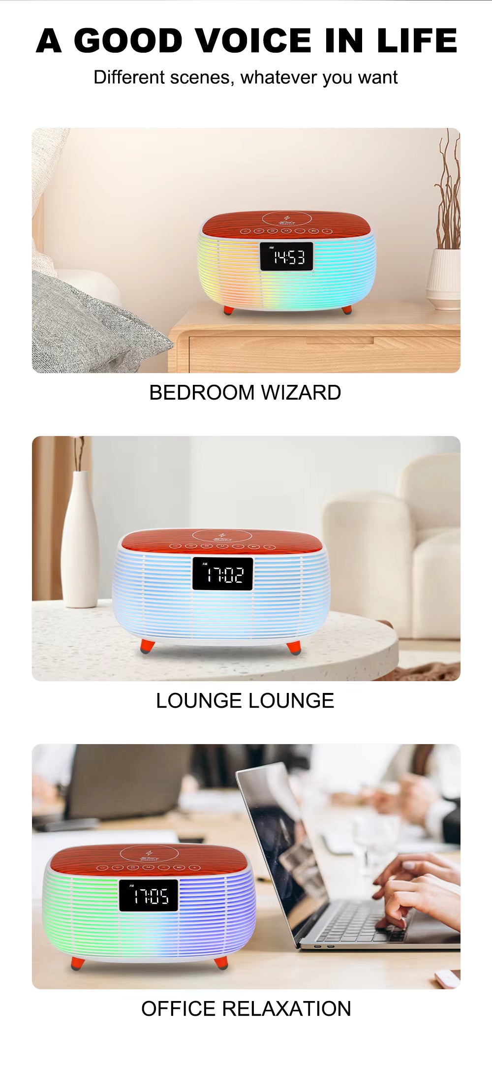 SING-E ZQS2227 Mobile Phone Wireless Charging RGB Clock Display Loud Sound RGB Lighting BT AUX DC Speakers