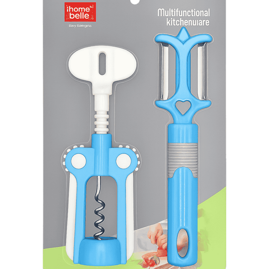 Multifunctional kitchen utensils with blue handles on a gray background