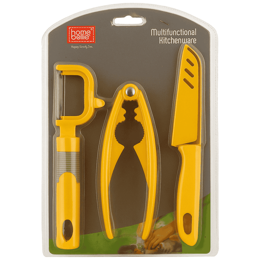 Set of yellow kitchen tools including a peeler, cracker, and knife in packaging labeled 'Multifunctional Kitchenware'.