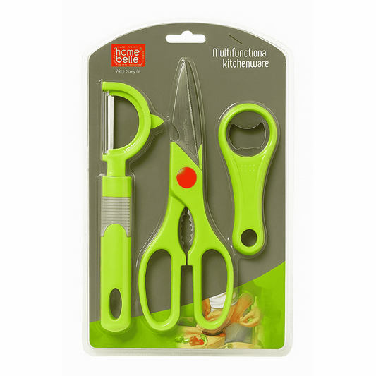 Multifunctional kitchen tool set with green handles in packaging, featuring 'home belle' brand.