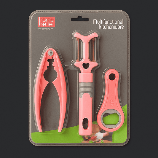 Set of pink kitchen tools including a peeler, cracker, and bottle opener in packaging with 'home belle' branding.