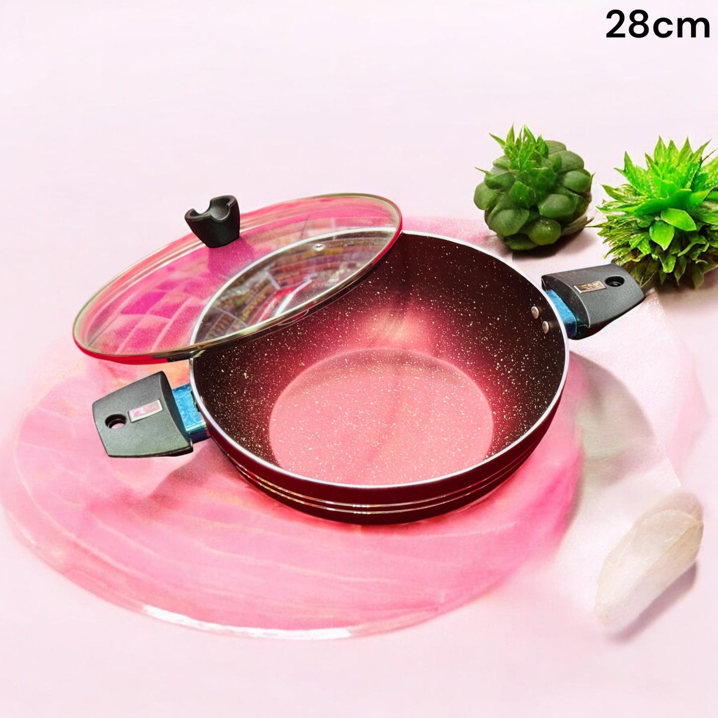 28 cm Marble Coated Round Wok (Karahi) with Glass Lid