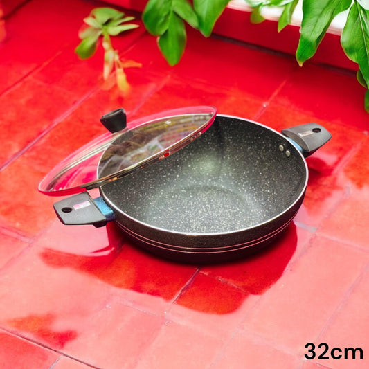32 cm Marble Coated Round Wok (Karahi) with Glass Lid